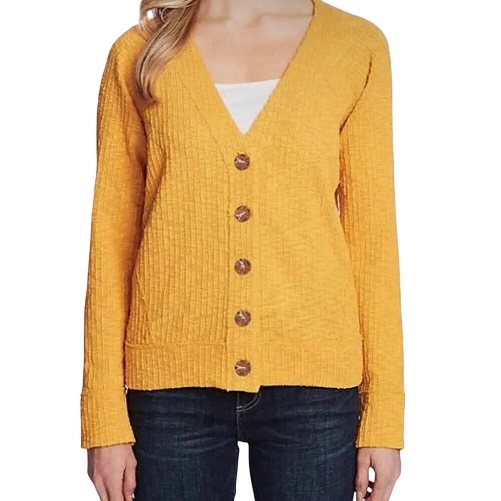 Two by Vince Camuto Textured Boucle Button Front Cardigan Mustard Yellow S